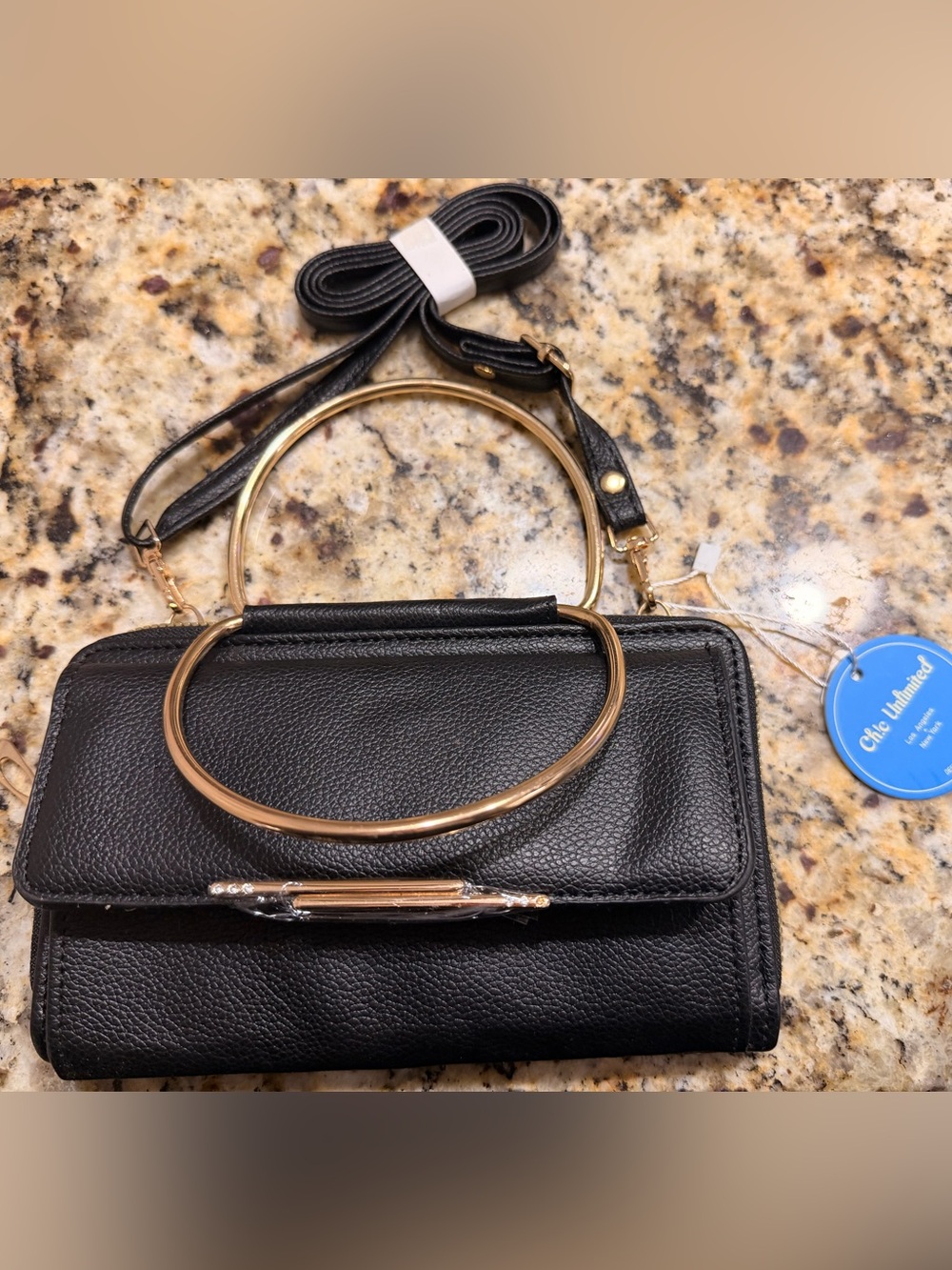 Black Crossbody Bag with Gold Ring Handles